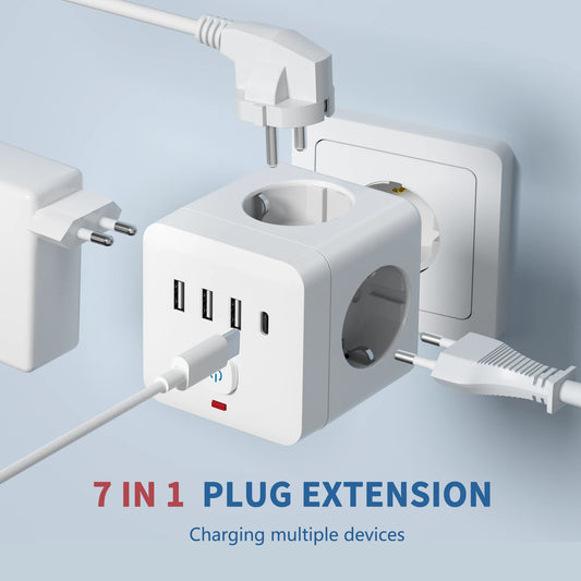 7-in-1 EU Power Strip, 3 AC Outlets, 3 USB, 1 Type-C, Surge Protector, Overload Protection.