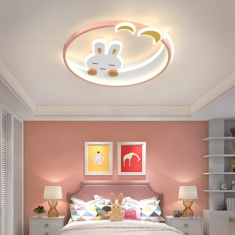 Children's Crescent Moon Rabbit Ceiling Lamp, LED Lighting for Kids Room, Bedroom, Study, Attic.