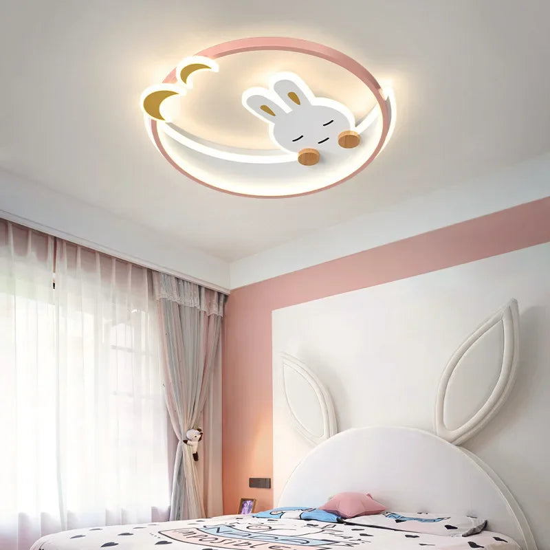 Children's Crescent Moon Rabbit Ceiling Lamp, LED Lighting for Kids Room, Bedroom, Study, Attic.