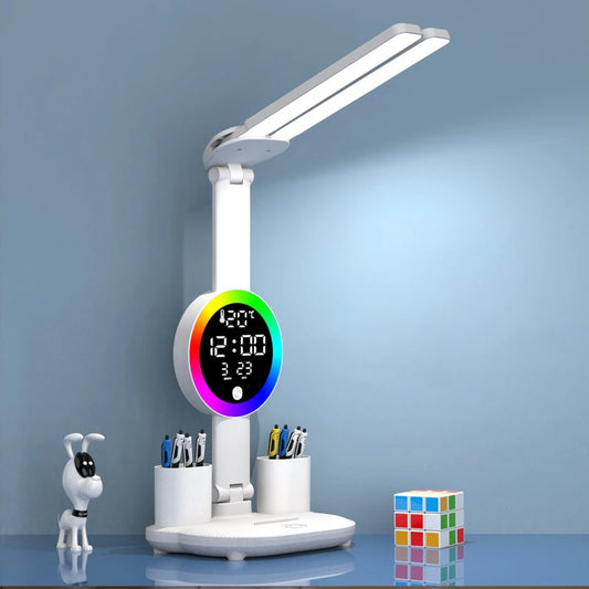 Rechargeable LED Table Lamp with Fan, Clock, Reading Light.