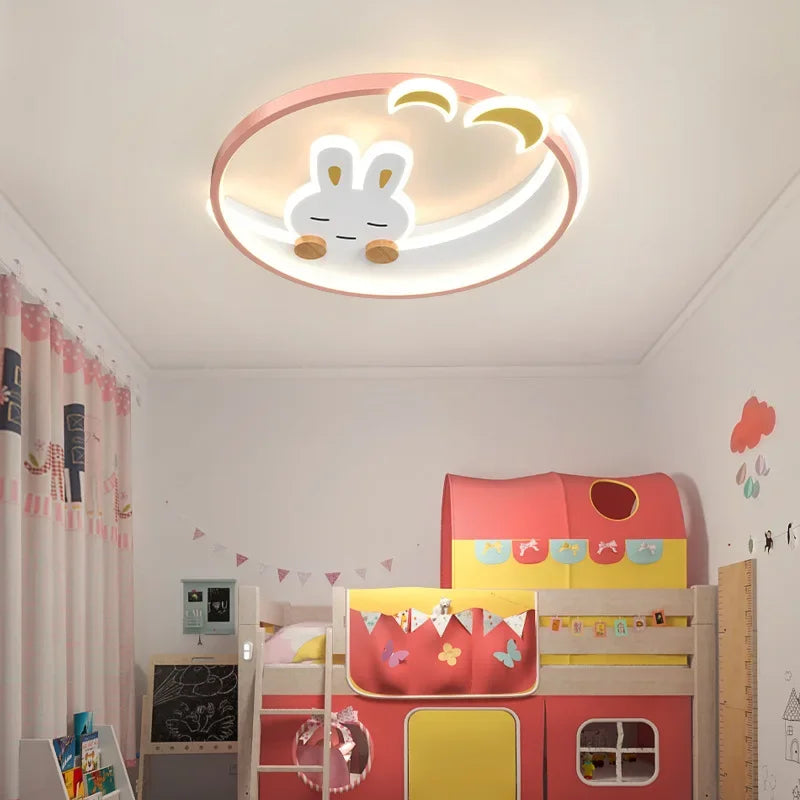 Children's Crescent Moon Rabbit Ceiling Lamp, LED Lighting for Kids Room, Bedroom, Study, Attic.